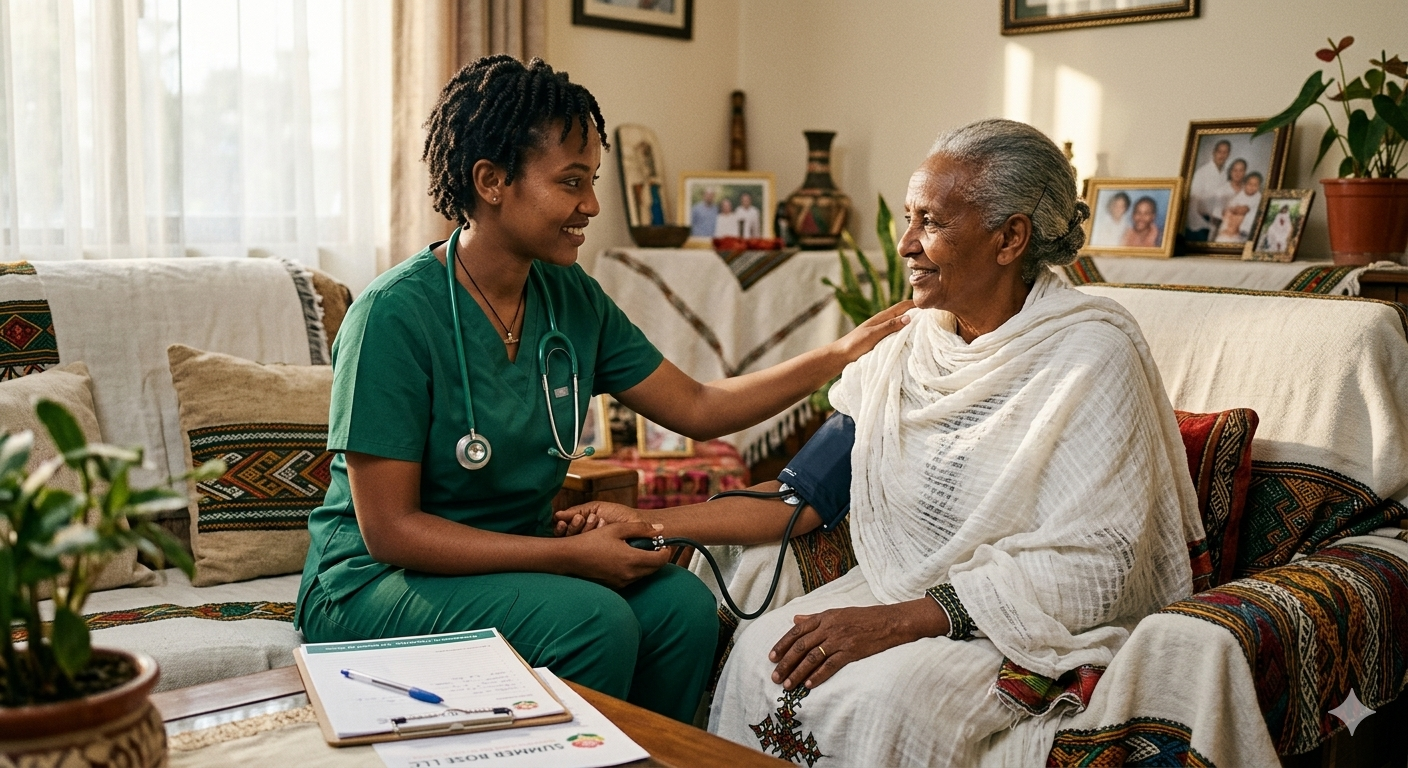 A nurse in green scrubs gently checks an older woman's blood pressure in a cozy living room