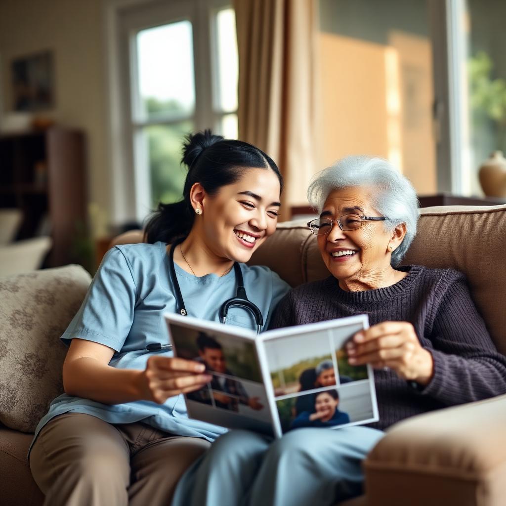 Young Latina caregiver and elderly East Asian woman laughing together over a photo album