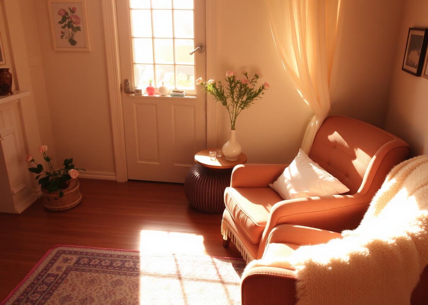 A bright, welcoming home interior with soft afternoon light