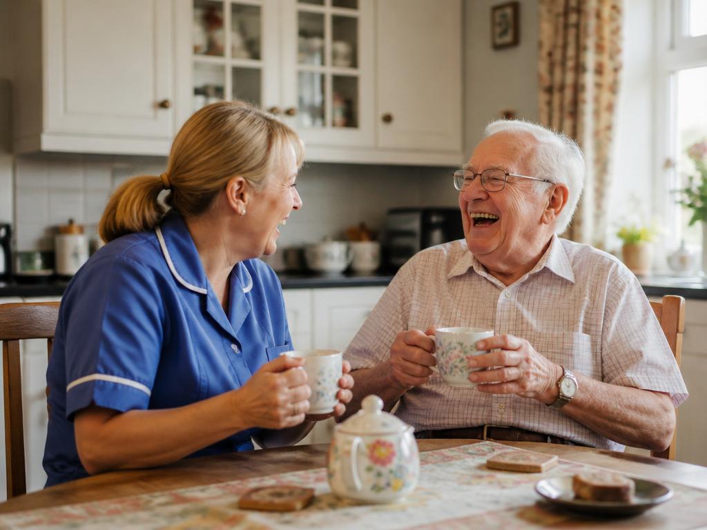 A caregiver and elderly man sharing tea and laughter at a kitchen table
