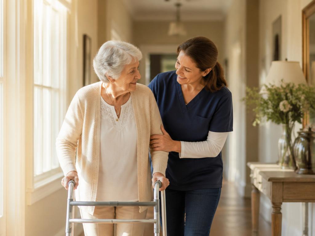 A caregiver assisting an elderly woman with her walker in a sunlit hallway